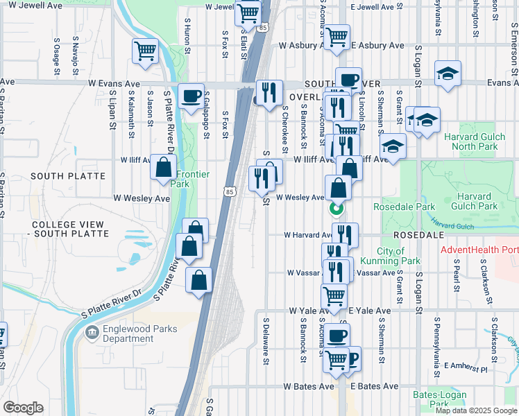 map of restaurants, bars, coffee shops, grocery stores, and more near 2495 South Delaware Street in Denver