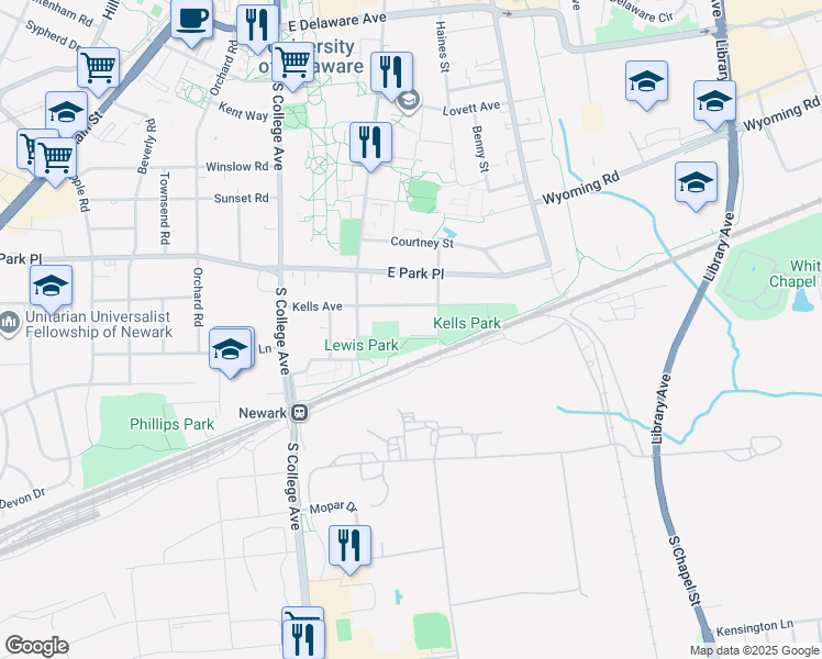 map of restaurants, bars, coffee shops, grocery stores, and more near 374 Manuel Street in Newark