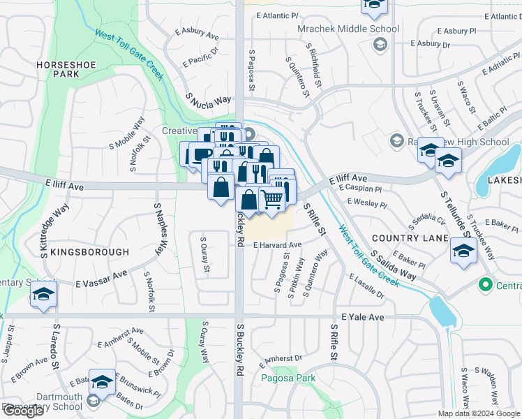 map of restaurants, bars, coffee shops, grocery stores, and more near 17000 East Iliff Avenue in Aurora