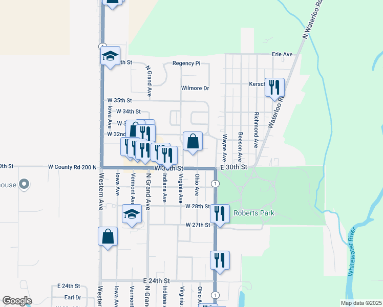 map of restaurants, bars, coffee shops, grocery stores, and more near 3140 Virginia Avenue in Connersville