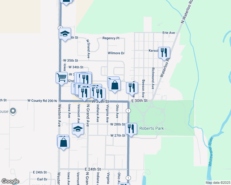 map of restaurants, bars, coffee shops, grocery stores, and more near 208 West 30th Street in Connersville