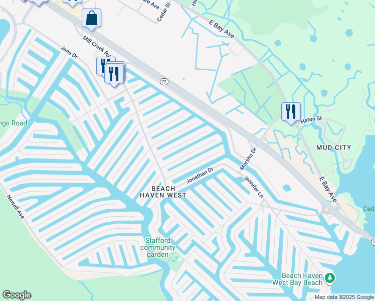 map of restaurants, bars, coffee shops, grocery stores, and more near 68 Gregg Drive in Stafford Township