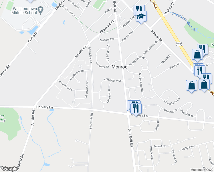 map of restaurants, bars, coffee shops, grocery stores, and more near 821 Thoreau Lane in Monroe