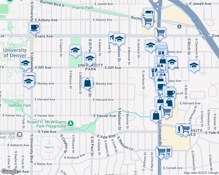 map of restaurants, bars, coffee shops, grocery stores, and more near 2460 South Cook Street in Denver