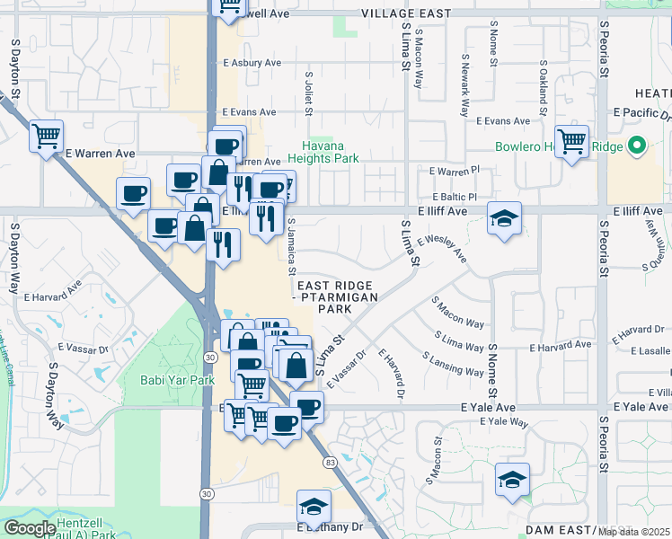 map of restaurants, bars, coffee shops, grocery stores, and more near in Aurora