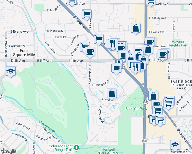map of restaurants, bars, coffee shops, grocery stores, and more near 9725 East Harvard Avenue in Denver