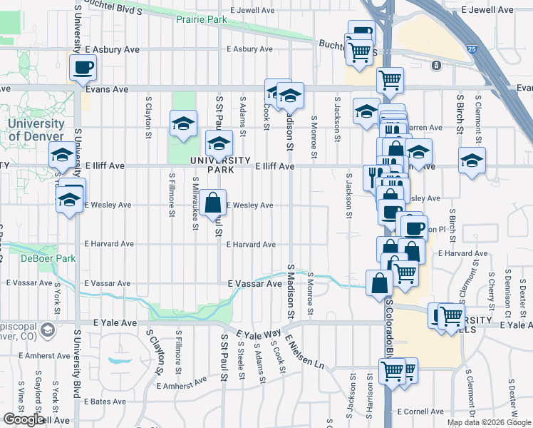 map of restaurants, bars, coffee shops, grocery stores, and more near 2460 South Cook Street in Denver