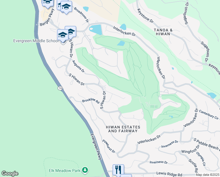 map of restaurants, bars, coffee shops, grocery stores, and more near 2357 Hearth Drive in Evergreen