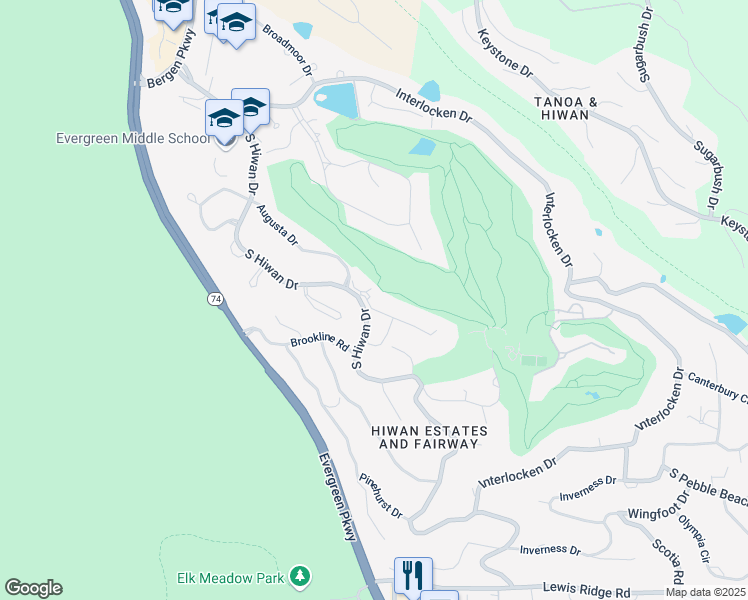 map of restaurants, bars, coffee shops, grocery stores, and more near 2356 South Hiwan Drive in Evergreen