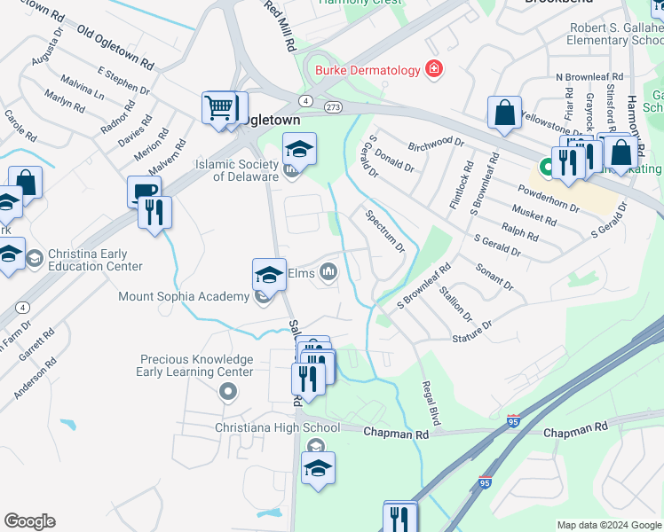 map of restaurants, bars, coffee shops, grocery stores, and more near 1301 Coventry Lane in Newark