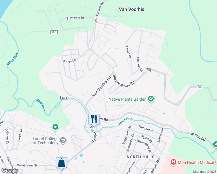 map of restaurants, bars, coffee shops, grocery stores, and more near 80 Saint Clairs Village in Morgantown