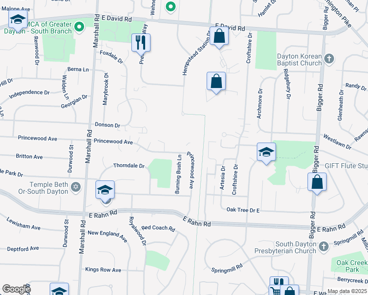 map of restaurants, bars, coffee shops, grocery stores, and more near 5265 Burning Bush Lane in Dayton