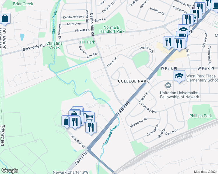 map of restaurants, bars, coffee shops, grocery stores, and more near 29 Westfield Drive in Newark