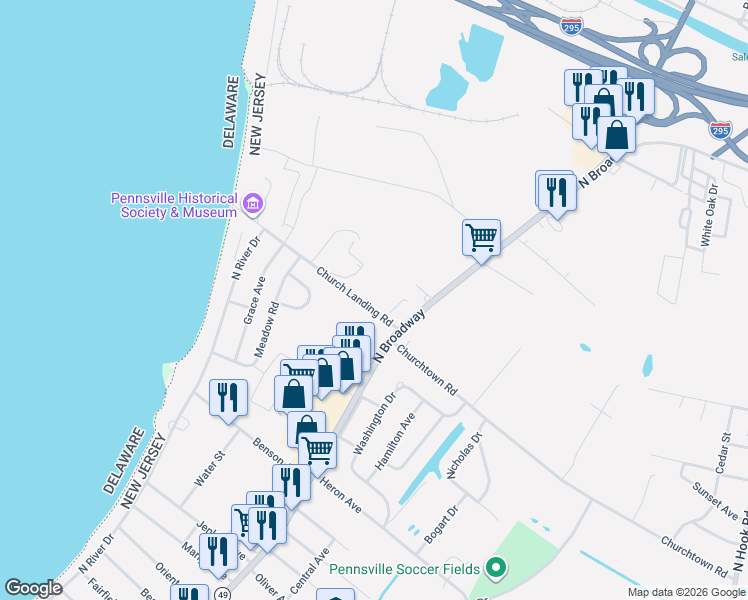 map of restaurants, bars, coffee shops, grocery stores, and more near 20 Church Landing Road in Pennsville Township