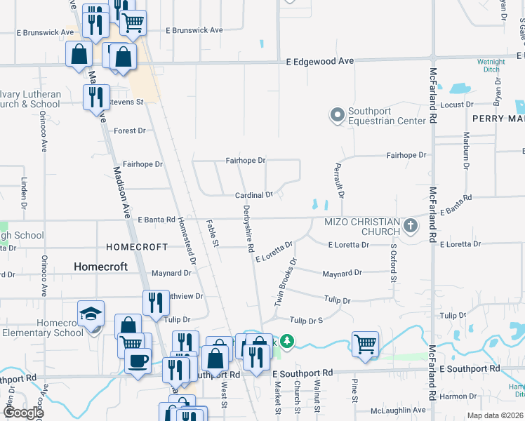 map of restaurants, bars, coffee shops, grocery stores, and more near 2345 East Banta Road in Indianapolis