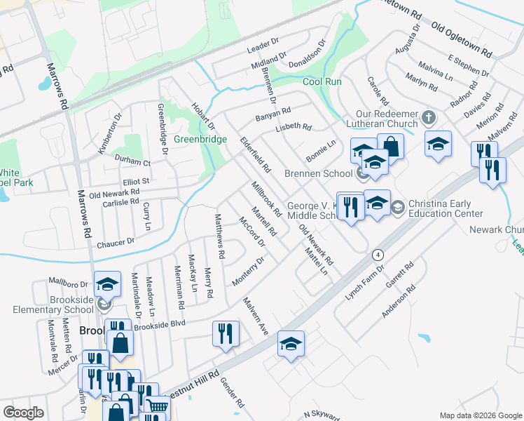 map of restaurants, bars, coffee shops, grocery stores, and more near 17 Martell Road in Newark