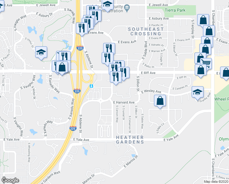 map of restaurants, bars, coffee shops, grocery stores, and more near 14203 East Harvard Avenue in Aurora