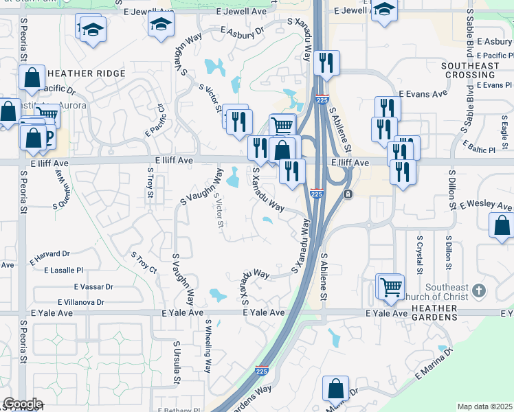 map of restaurants, bars, coffee shops, grocery stores, and more near 2429 South Xanadu Way in Aurora