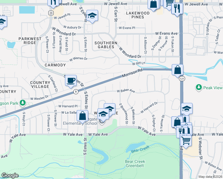 map of restaurants, bars, coffee shops, grocery stores, and more near 2463 South Carr Court in Lakewood