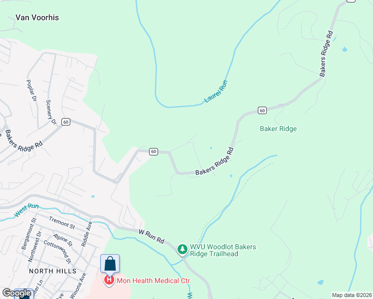 map of restaurants, bars, coffee shops, grocery stores, and more near Ervin St in Morgantown