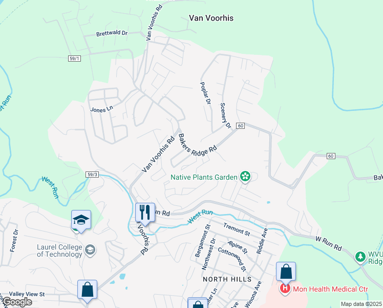 map of restaurants, bars, coffee shops, grocery stores, and more near 93 St Clairs Village in Morgantown