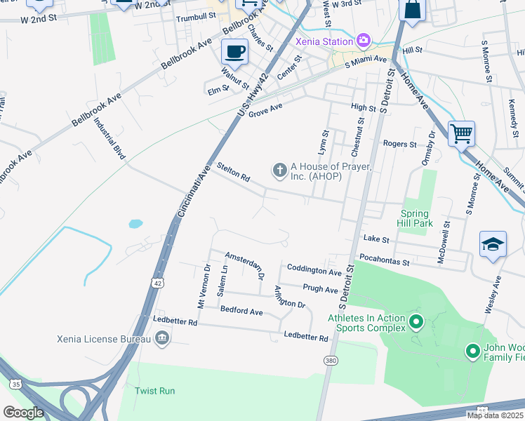 map of restaurants, bars, coffee shops, grocery stores, and more near 341 Stelton Road in Xenia