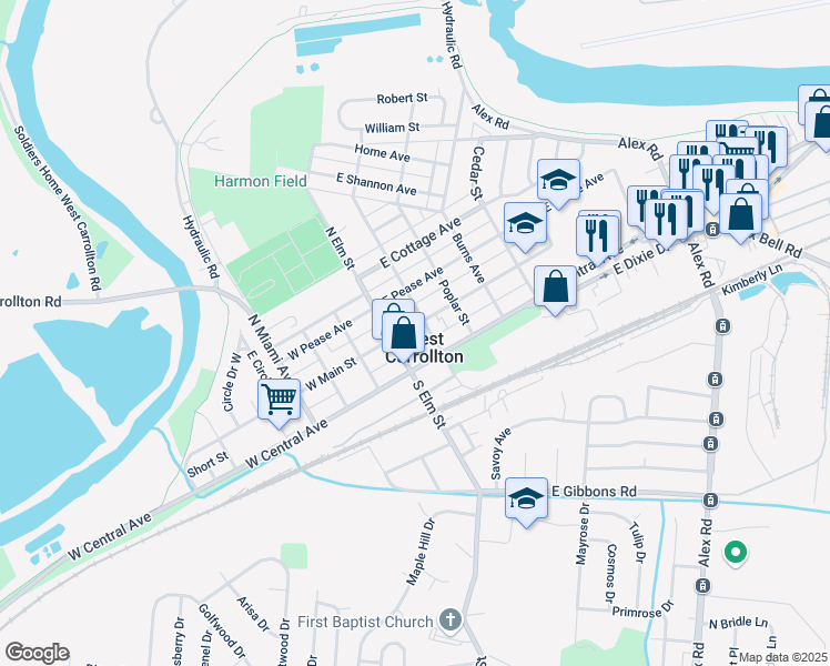 map of restaurants, bars, coffee shops, grocery stores, and more near in West Carrollton