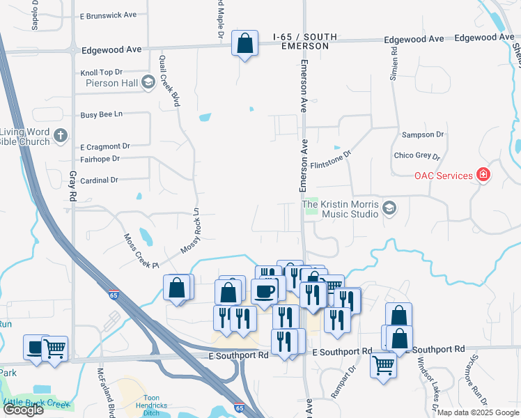 map of restaurants, bars, coffee shops, grocery stores, and more near 4830 Silver Creek Drive in Indianapolis