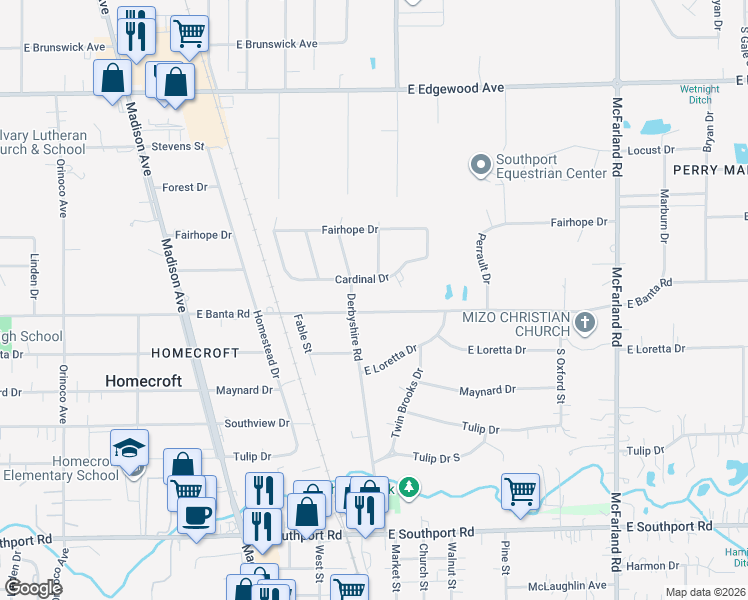 map of restaurants, bars, coffee shops, grocery stores, and more near 2345 East Banta Road in Indianapolis