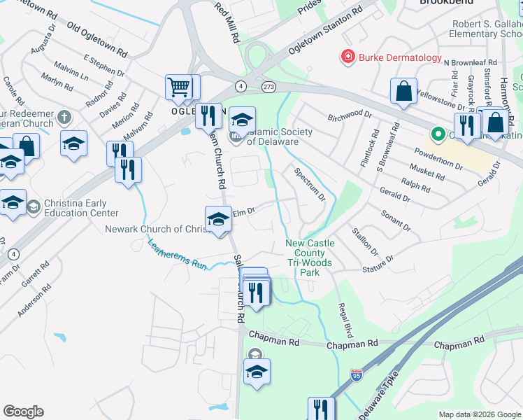 map of restaurants, bars, coffee shops, grocery stores, and more near 1301 Coventry Lane in Newark