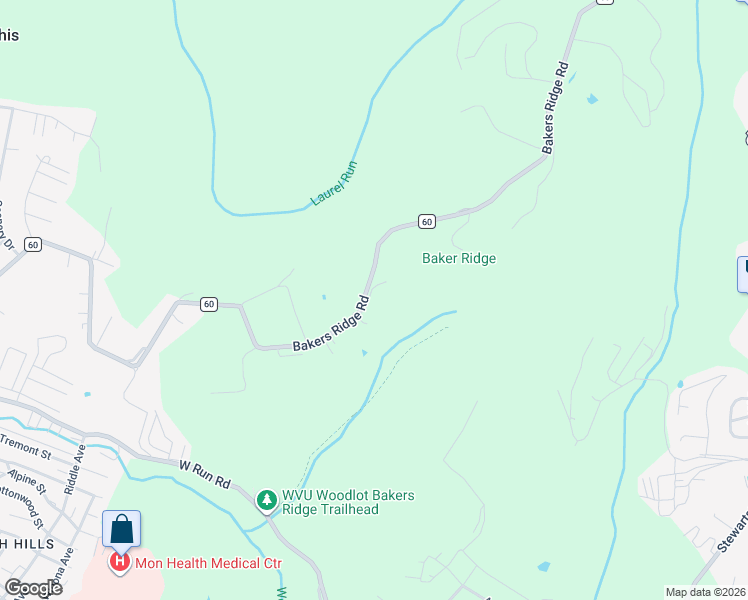 map of restaurants, bars, coffee shops, grocery stores, and more near 725 Bakers Ridge Road in Morgantown