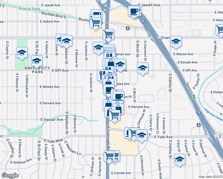 map of restaurants, bars, coffee shops, grocery stores, and more near 4025 East Dickenson Place in Denver