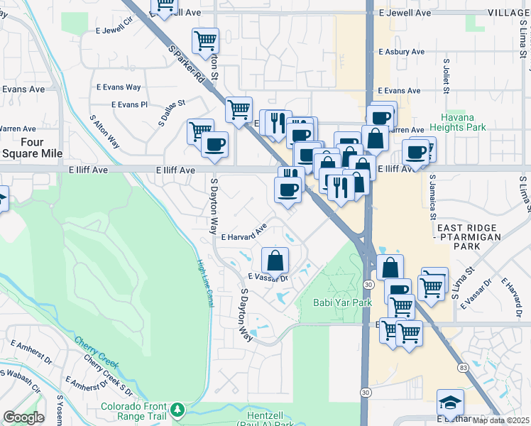 map of restaurants, bars, coffee shops, grocery stores, and more near 9995 East Harvard Avenue in Denver