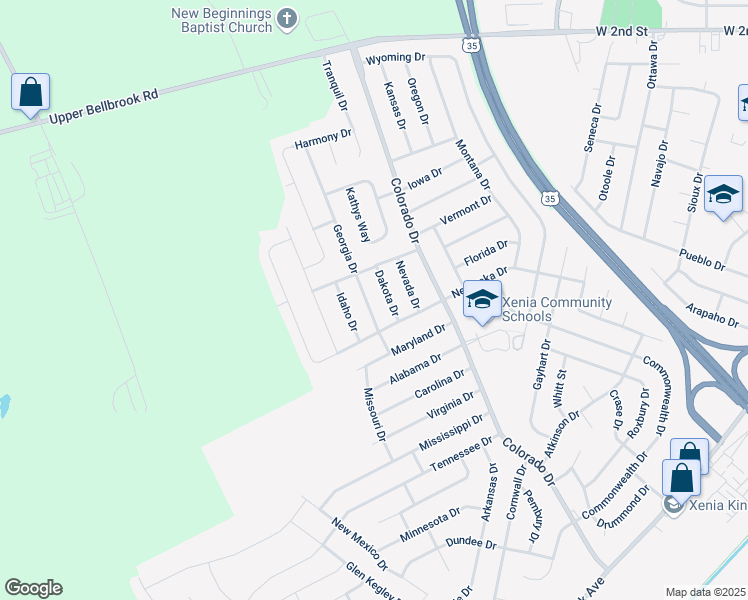 map of restaurants, bars, coffee shops, grocery stores, and more near 666 Georgia Drive in Xenia