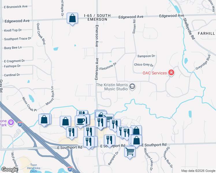 map of restaurants, bars, coffee shops, grocery stores, and more near 5129 Marble Court in Indianapolis