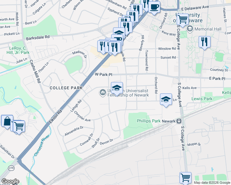 map of restaurants, bars, coffee shops, grocery stores, and more near 193 West Park Place in Newark