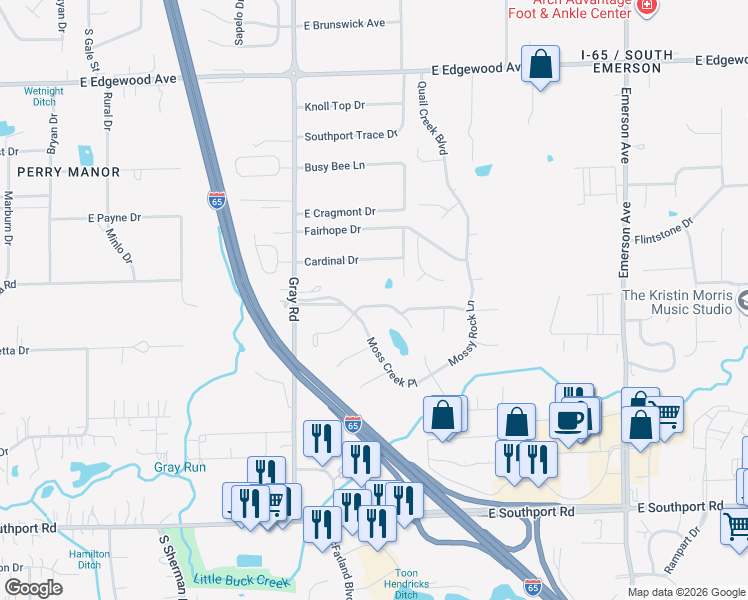 map of restaurants, bars, coffee shops, grocery stores, and more near 4331 Cardinal Drive in Indianapolis