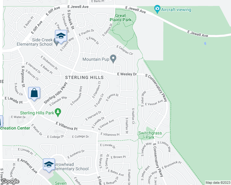 map of restaurants, bars, coffee shops, grocery stores, and more near 2511 South Genoa Street in Aurora