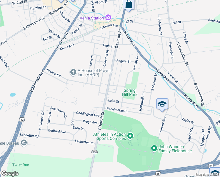 map of restaurants, bars, coffee shops, grocery stores, and more near 901 South Detroit Street in Xenia