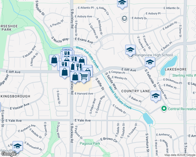 map of restaurants, bars, coffee shops, grocery stores, and more near 17191 Baltic Drive in Aurora