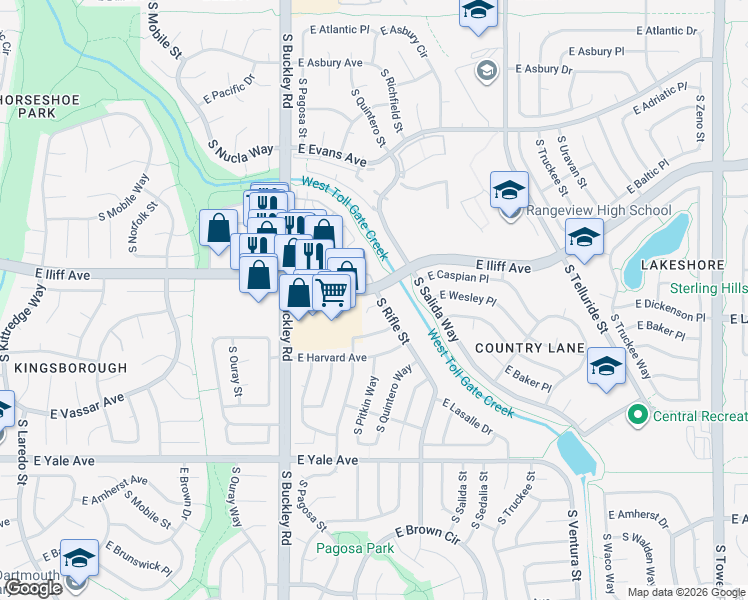 map of restaurants, bars, coffee shops, grocery stores, and more near 17191 Baltic Drive in Aurora