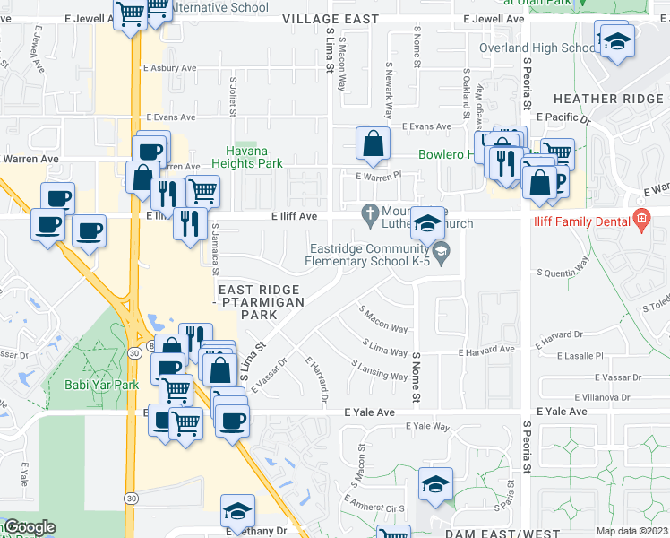 map of restaurants, bars, coffee shops, grocery stores, and more near 11354 East Wesley Avenue in Aurora
