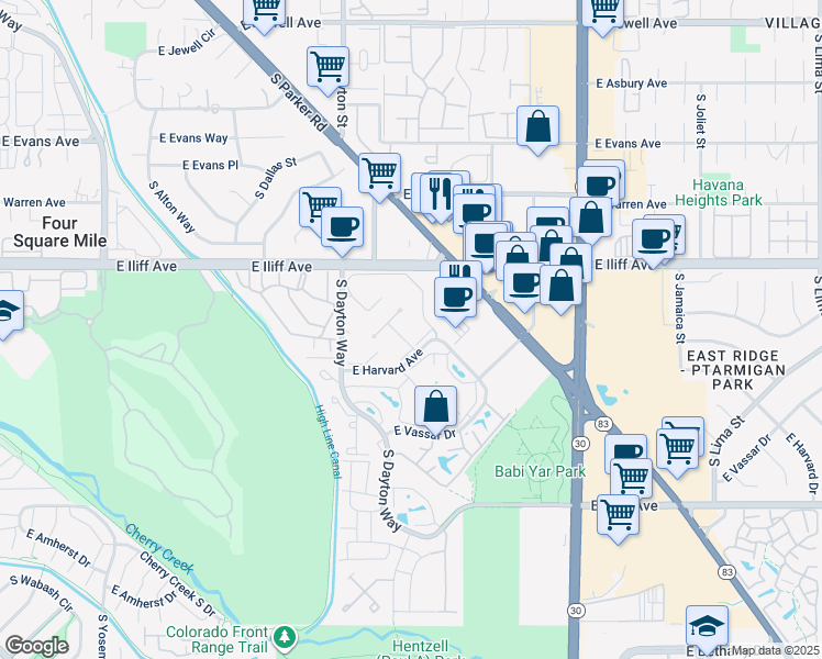 map of restaurants, bars, coffee shops, grocery stores, and more near 9995 East Harvard Avenue in Denver