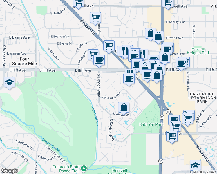 map of restaurants, bars, coffee shops, grocery stores, and more near 9995 East Harvard Avenue in Denver