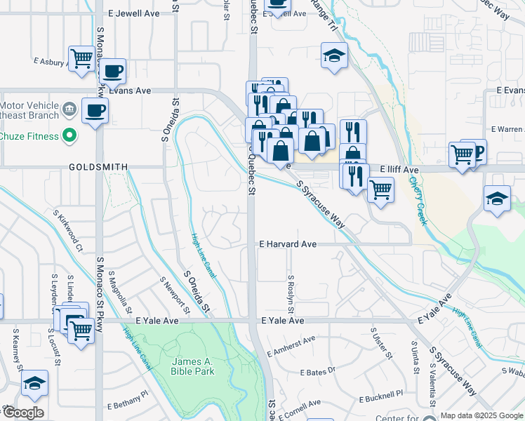 map of restaurants, bars, coffee shops, grocery stores, and more near 2350 South Quebec Street in Denver
