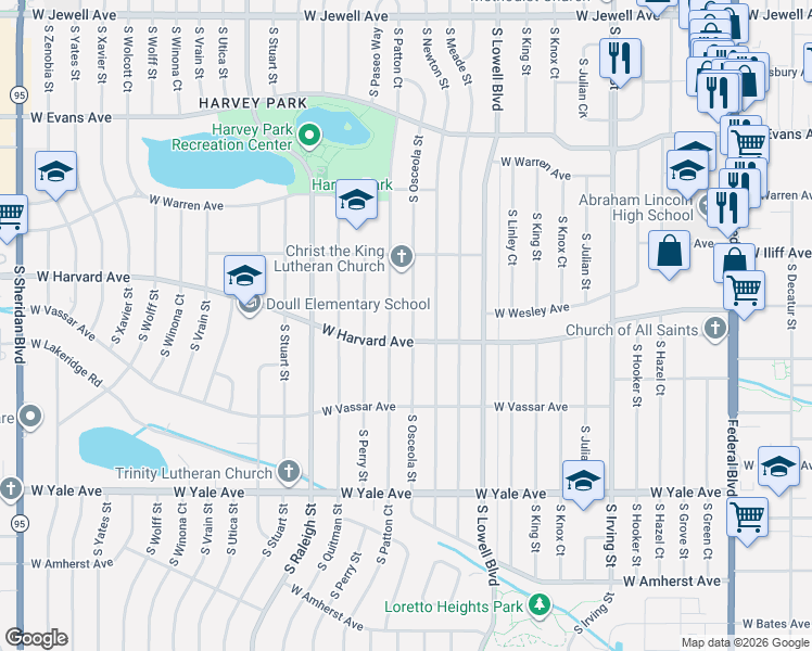 map of restaurants, bars, coffee shops, grocery stores, and more near 2400 South Osceola Street in Denver