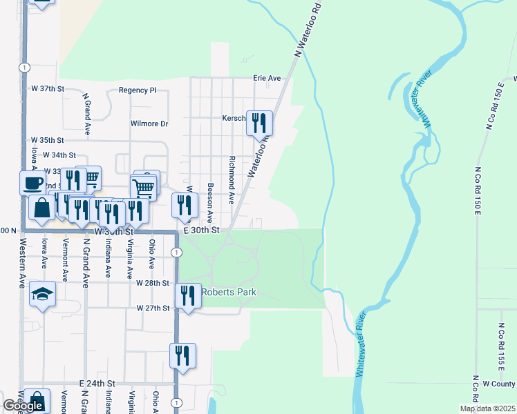 map of restaurants, bars, coffee shops, grocery stores, and more near 3106 Waterloo Road in Connersville