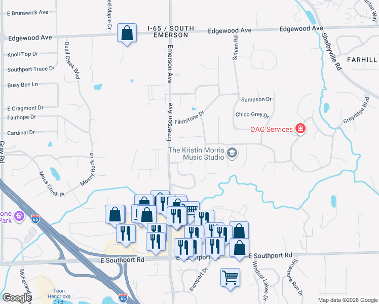 map of restaurants, bars, coffee shops, grocery stores, and more near 5129 Marble Court in Indianapolis