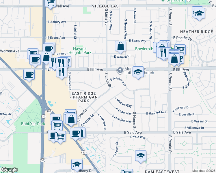map of restaurants, bars, coffee shops, grocery stores, and more near 2397 South Lima Street in Aurora