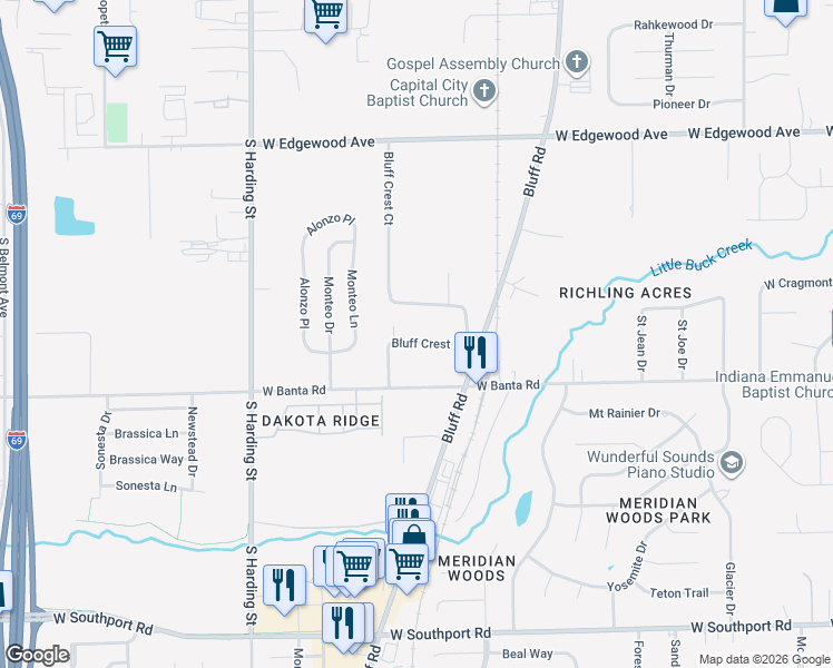 map of restaurants, bars, coffee shops, grocery stores, and more near 1209 Bluff Crest Drive in Indianapolis